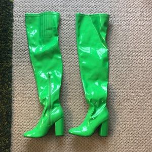 Neon Green Current Mood Thigh High Patent Leather Heeled Boots